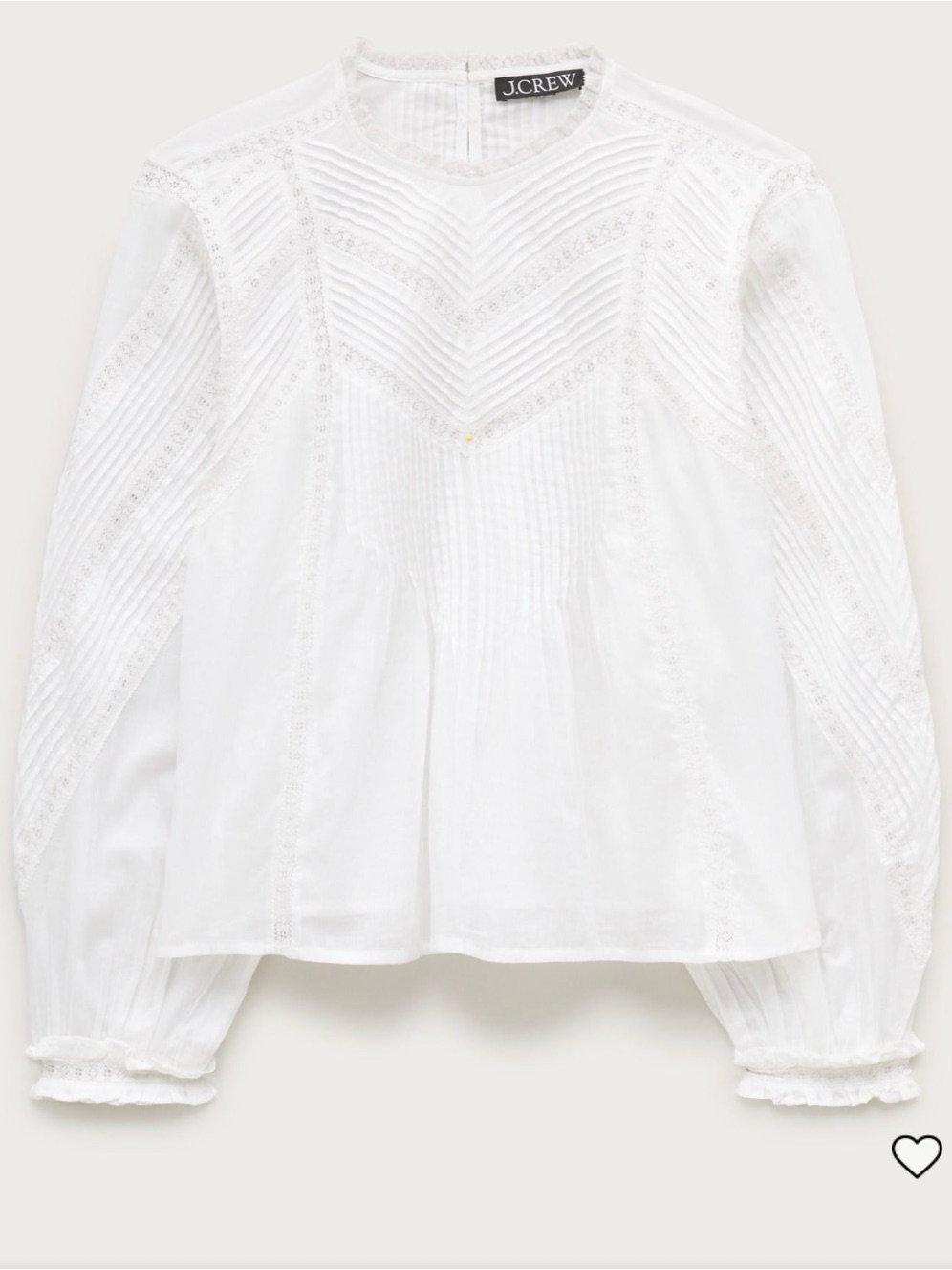 J Crew White Lace-Inset Pintuck Long Sleeve Blouse